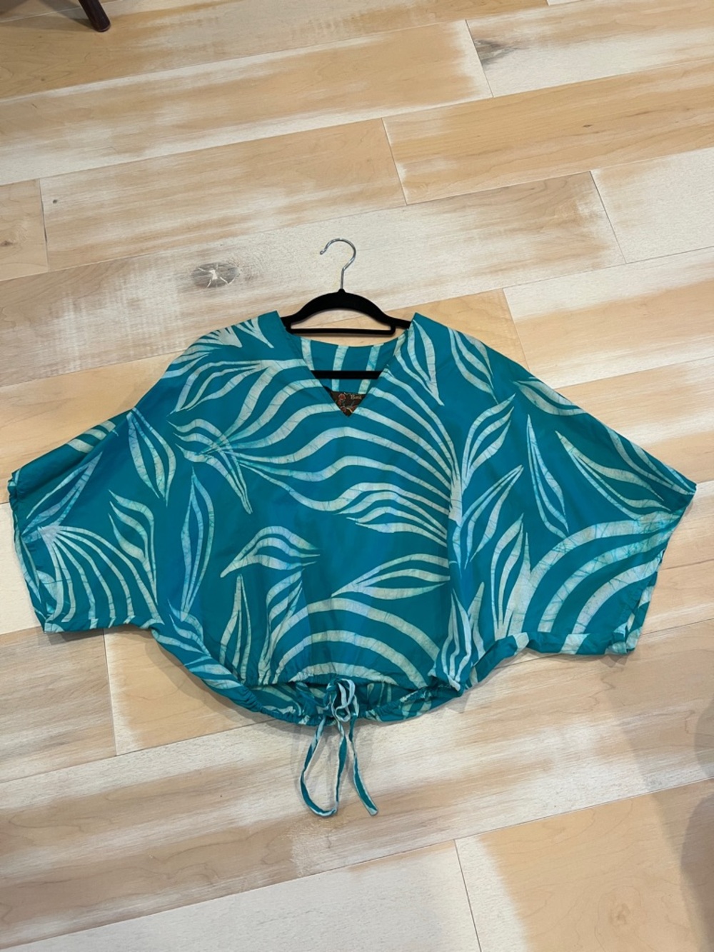 Caribbean Teal and White Tropical Print V-Neck Blouse
